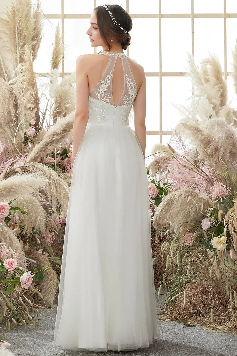 White backless hanging neck wedding dress