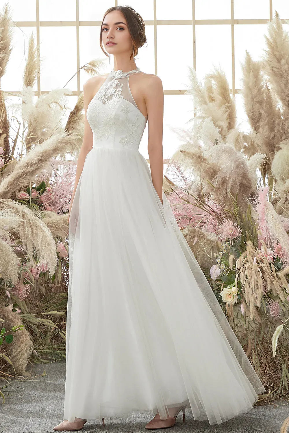 White backless hanging neck wedding dress
