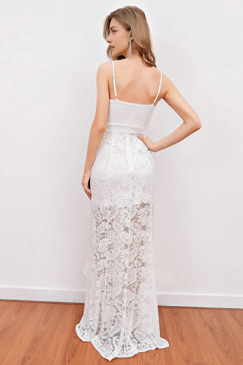 White lace thin shoulder strap short beach wedding dress