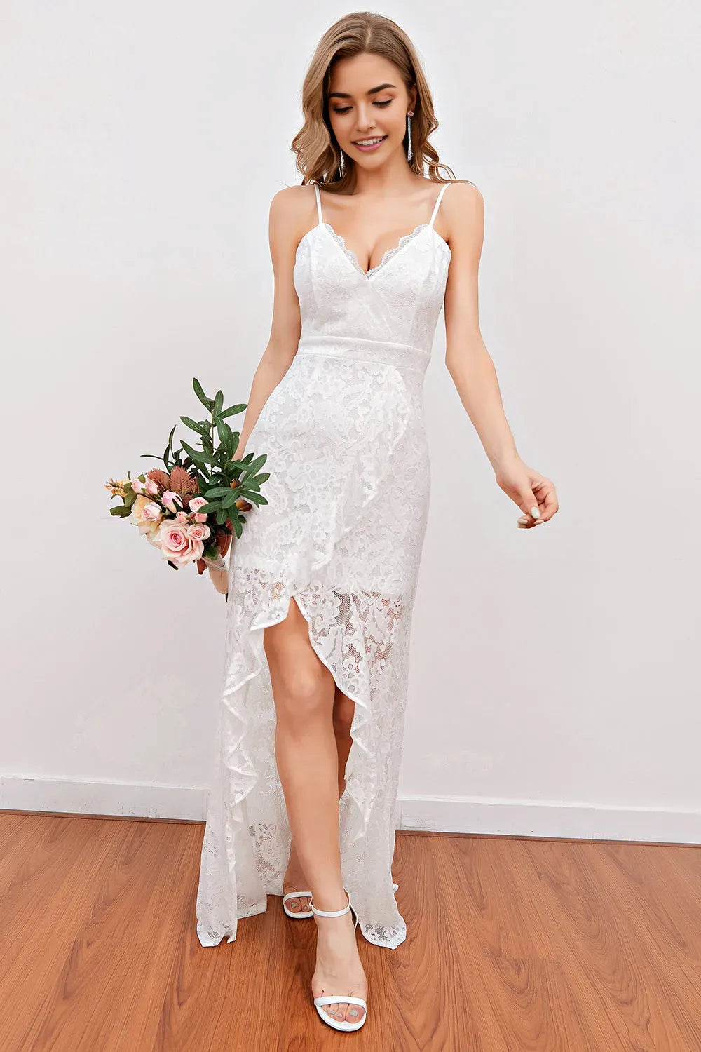 White lace thin shoulder strap short beach wedding dress