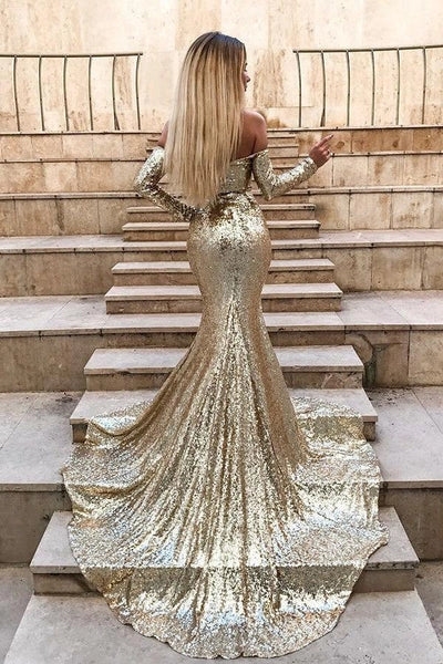 Wholesale Off-the-Shoulder Champagne Sequins Prom Dresses Elegant Long Sleeves Side Slit Evening Gowns