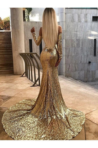 Wholesale Off-the-Shoulder Champagne Sequins Prom Dresses Elegant Long Sleeves Side Slit Evening Gowns