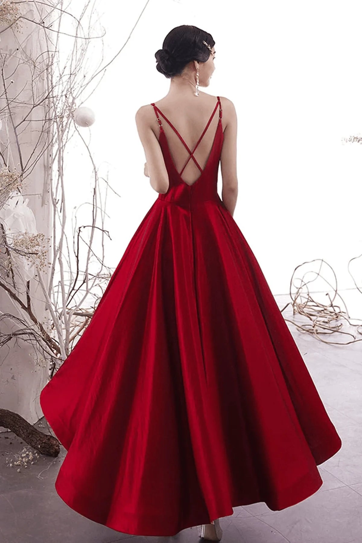 Wine Red Satin Straps Party Dress