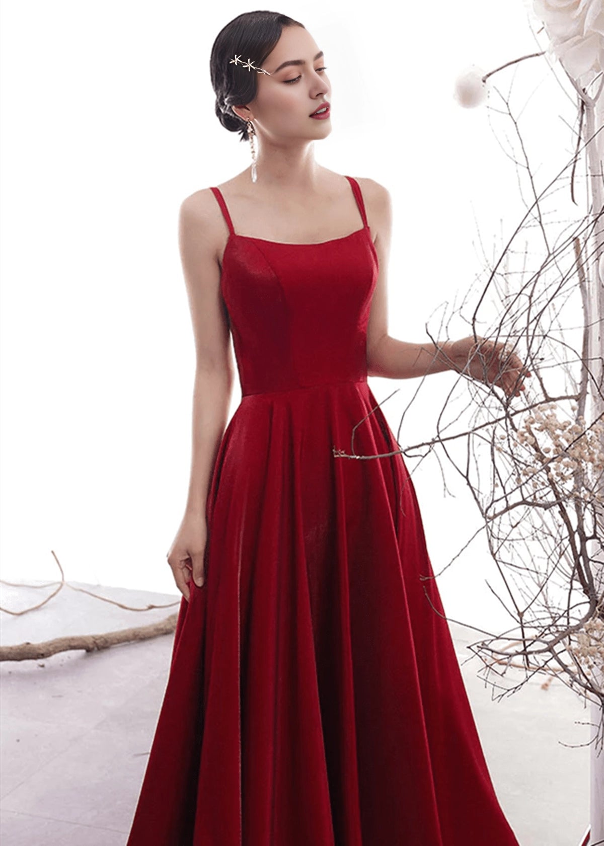 Wine Red Satin Straps Party Dress