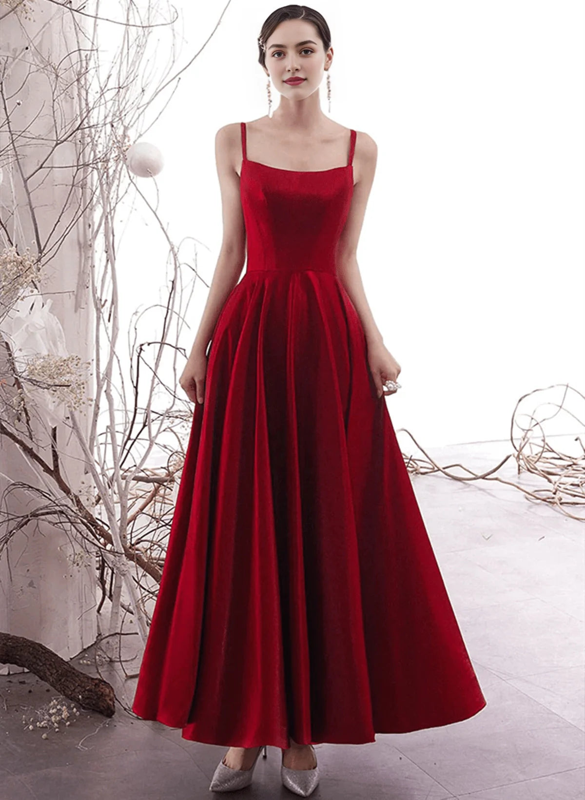 Wine Red Satin Straps Party Dress