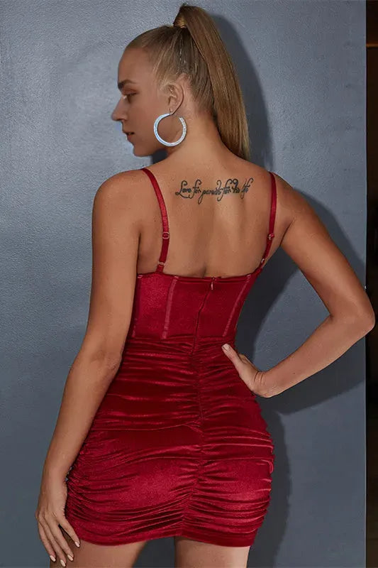 Wine Red Straps Ruched Mini Party Dress