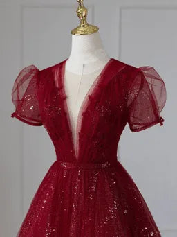 Wine Red Tulle Short Sleeves Long Party Dress