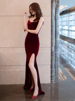 Wine Red Velvet Mermaid Long Party Dress with Slit ?