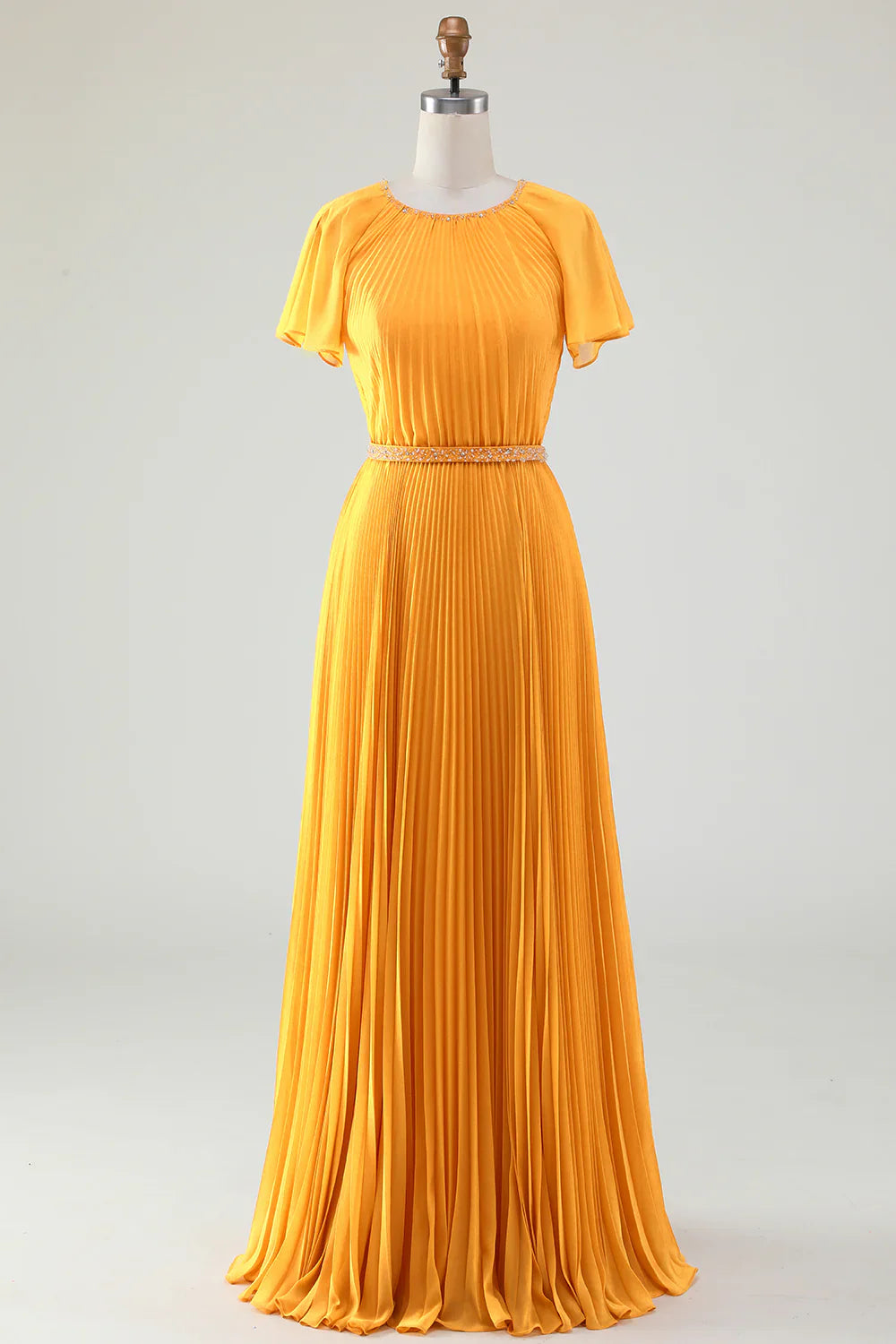 DingJiDress Yellow A Line Bridesmaid Dresses Round Neck Pleated Mother of Bride Dress With Short Sleeves