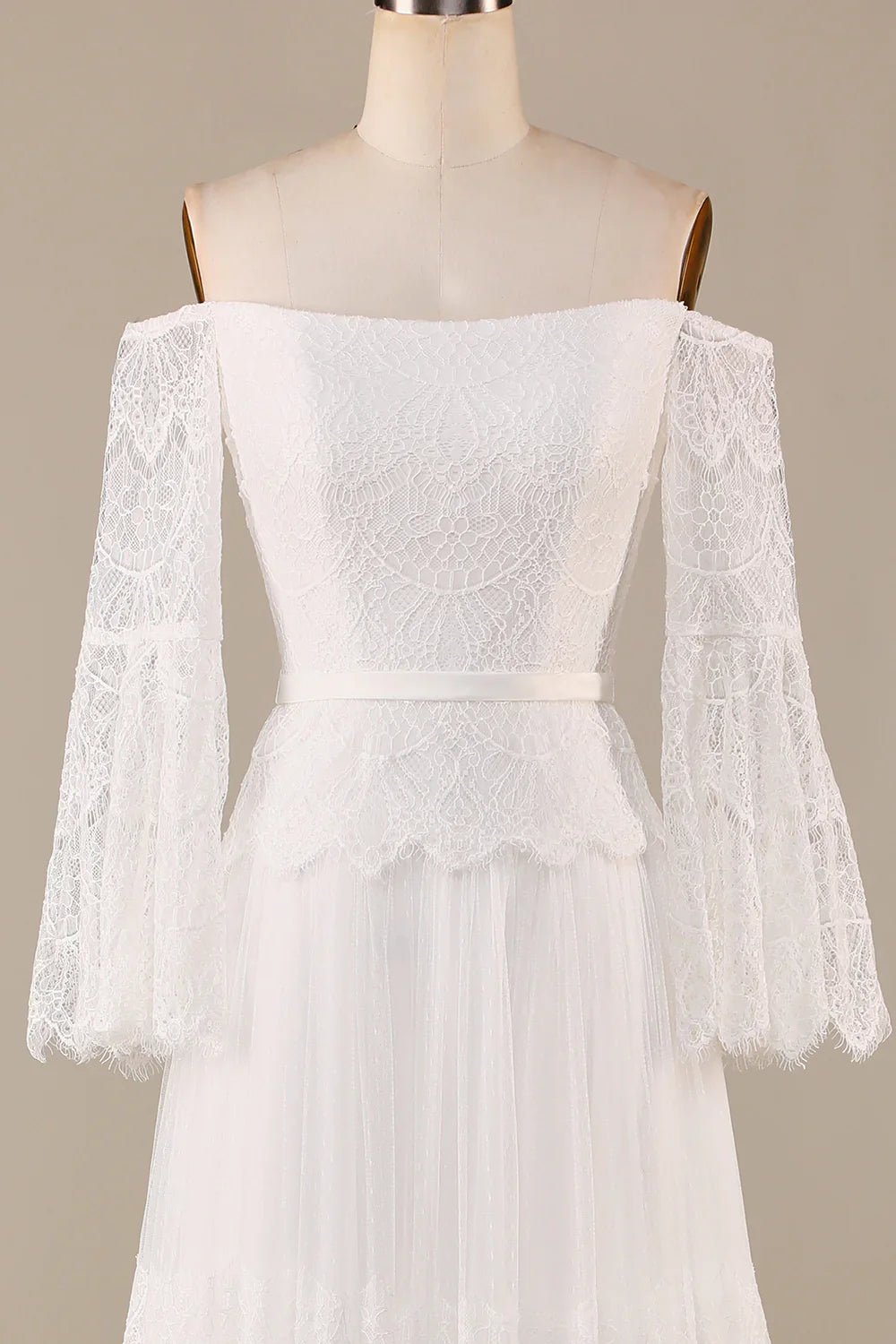 DingJiDress A Line Off the Shoulder Ivory Sweep Train Flare Sleeves Wedding Dress