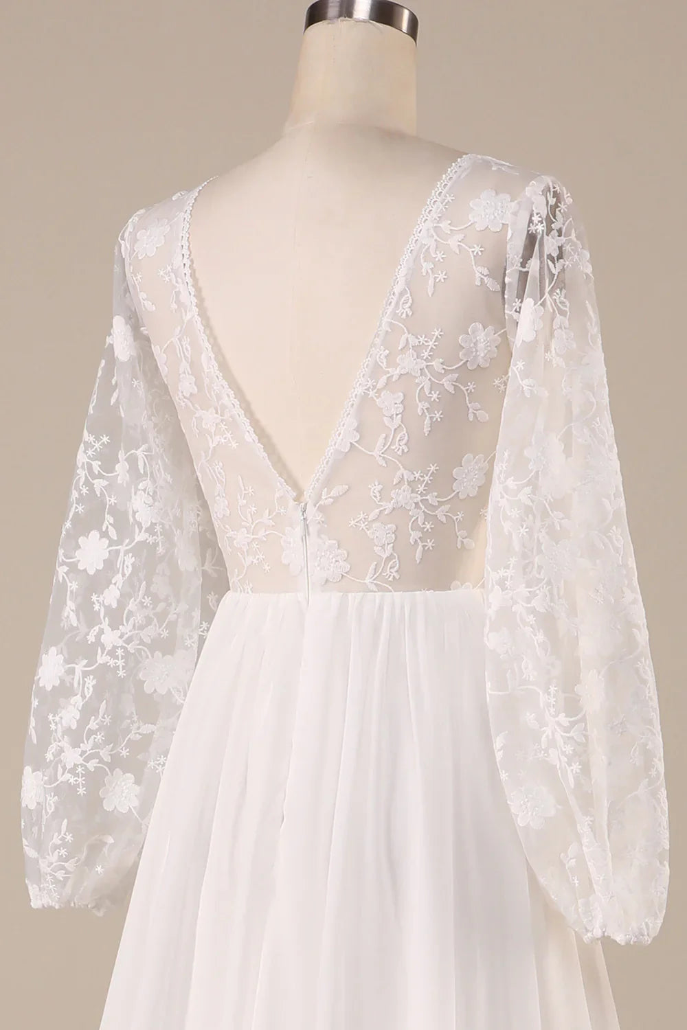 DingJiDress Ivory Chiffon Sweep Train Boho Wedding Dress with Lace