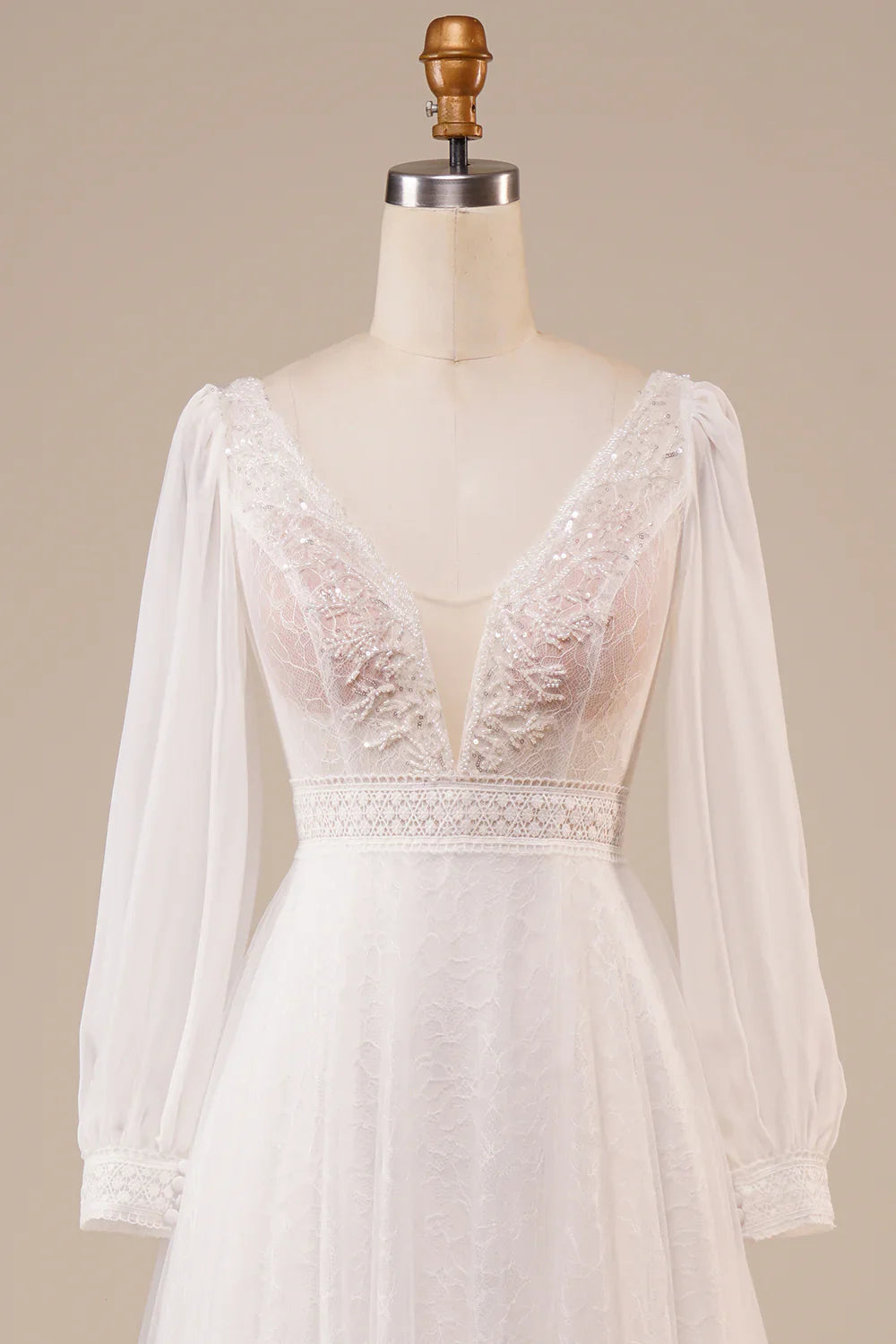 DingJiDress A-Line Tulle Beaded Ivory Wedding Dress with Sleeves