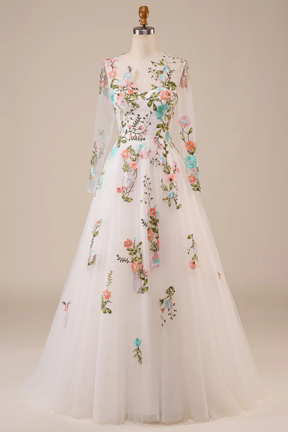 DingJiDress Tulle Long Sleeves Long Ivory Wedding Dress with Embroidery