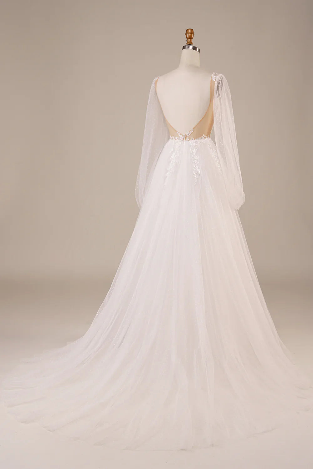 DingJiDress Long Sleeves Open Back Ivory Wedding Dress with Appliques
