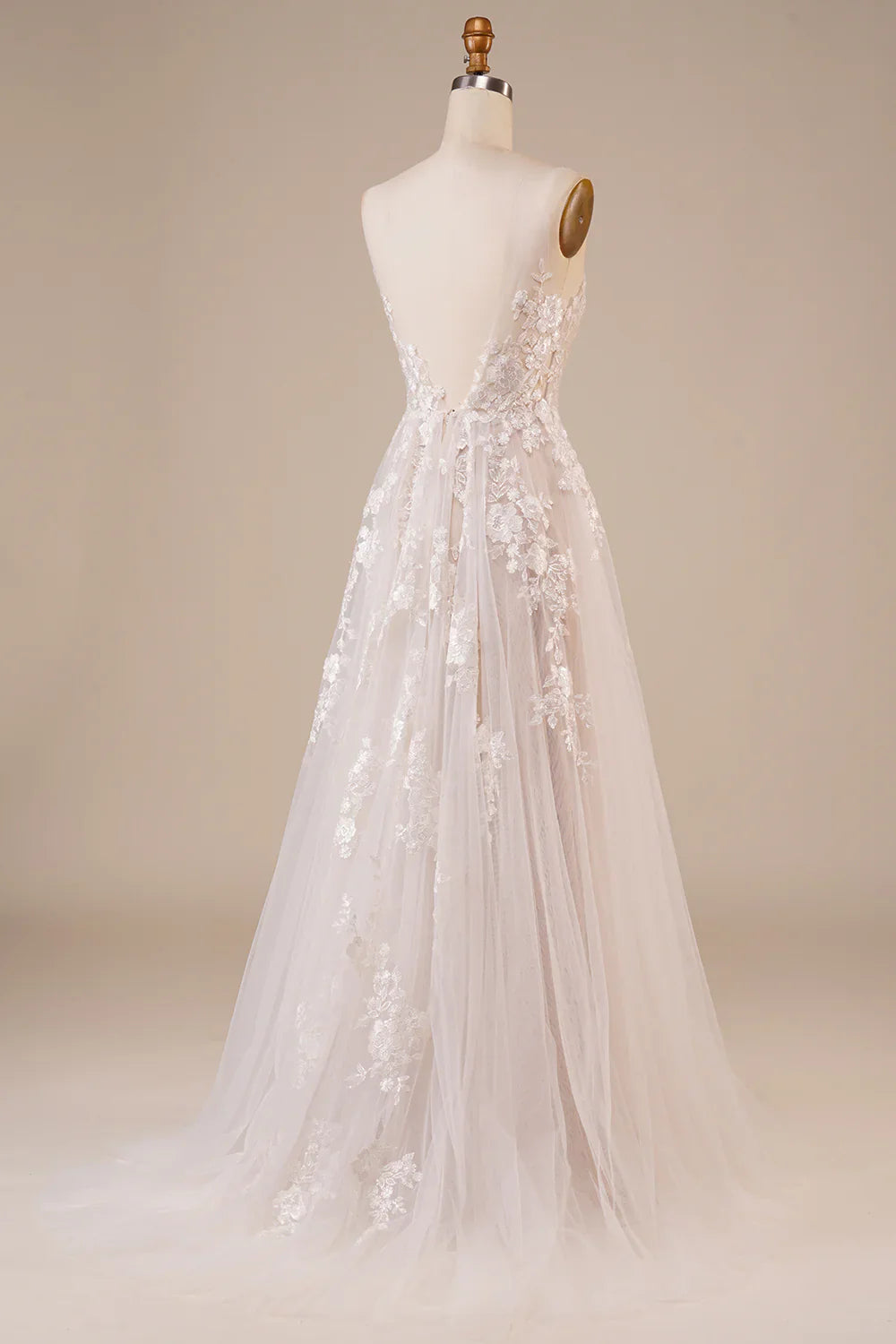 DingJiDress Tulle Backless Ivory Long Wedding Dress with Embroidery