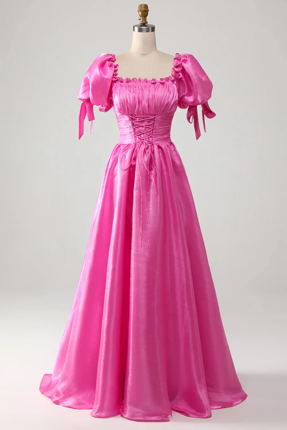 DingJiDress Puff Sleeves Hot Pink Prom Dress with Ruffles
