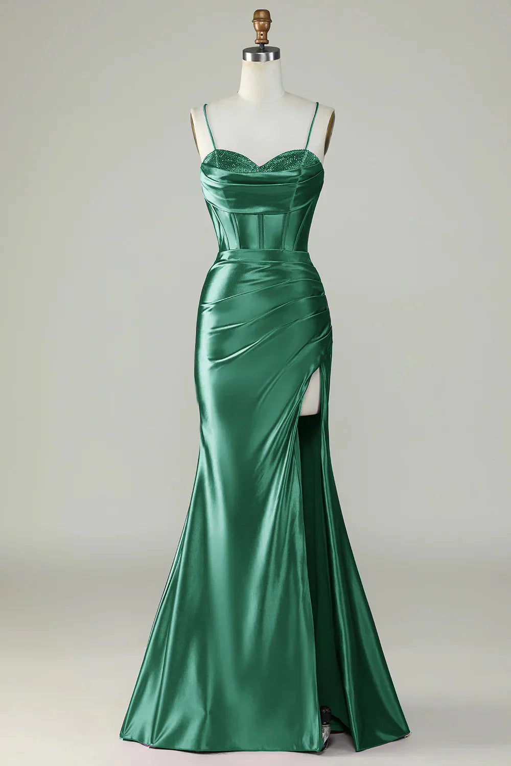 DingJiDress Orange Mermaid Spaghetti Straps Long Corset Prom Dress With Slit