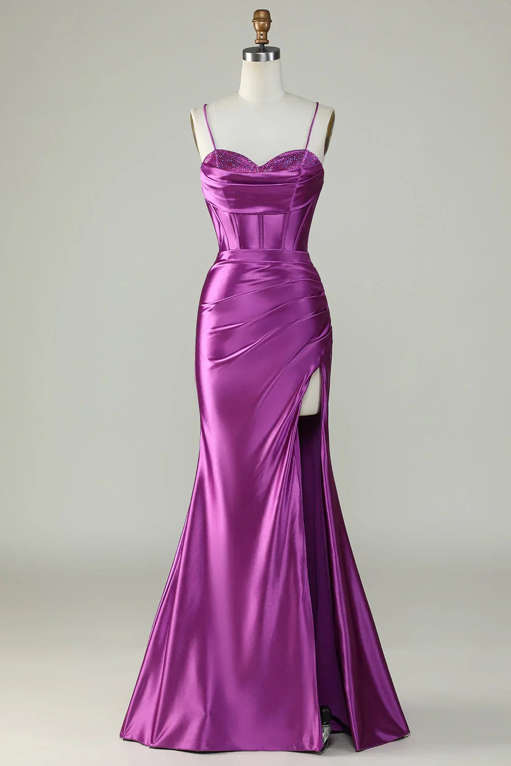 DingJiDress Orange Mermaid Spaghetti Straps Long Corset Prom Dress With Slit