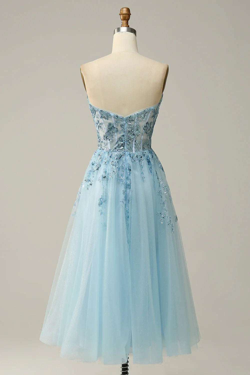 DingJiDress Sky Blue A Line Sweetheart Midi Sequins Wedding Party Dress