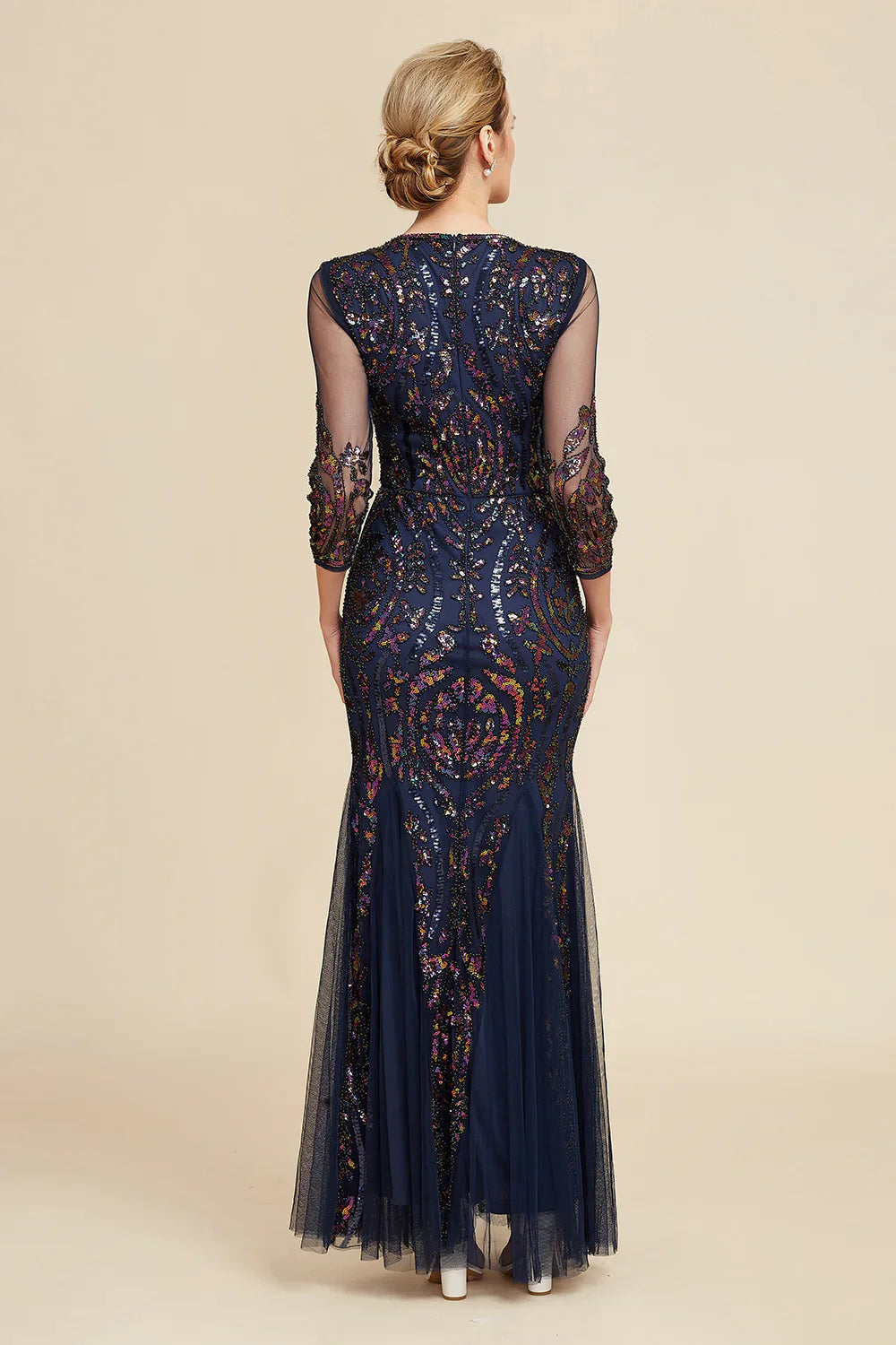 DingJiDress Navy Mermaid Sequin Floor Length Mother of The Bride Dress with Long Sleeves Dress Wedding Guest
