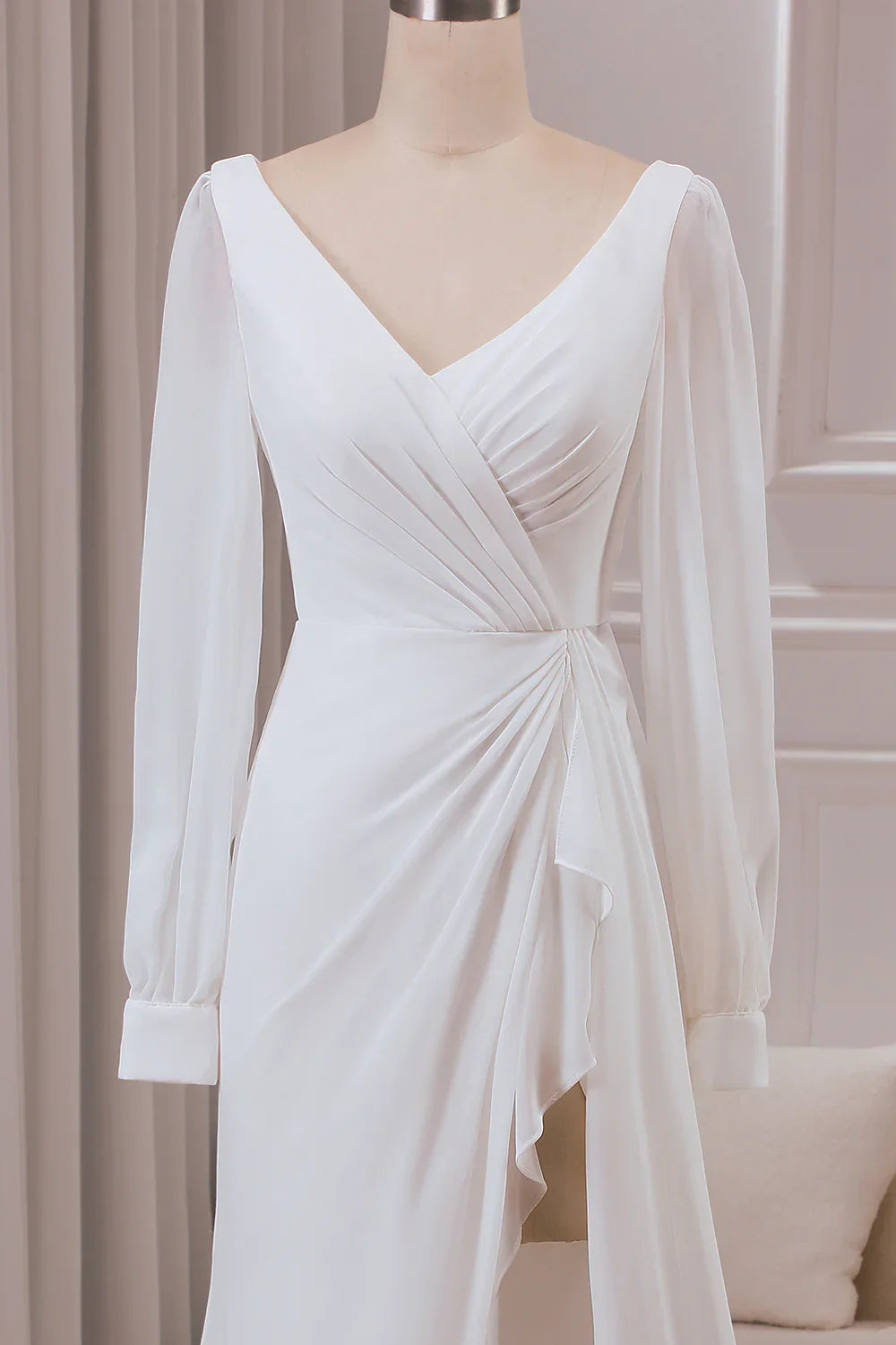 DingJiDress Ivory V-neck Long Sleeves A-line Chiffon Bridal Dress