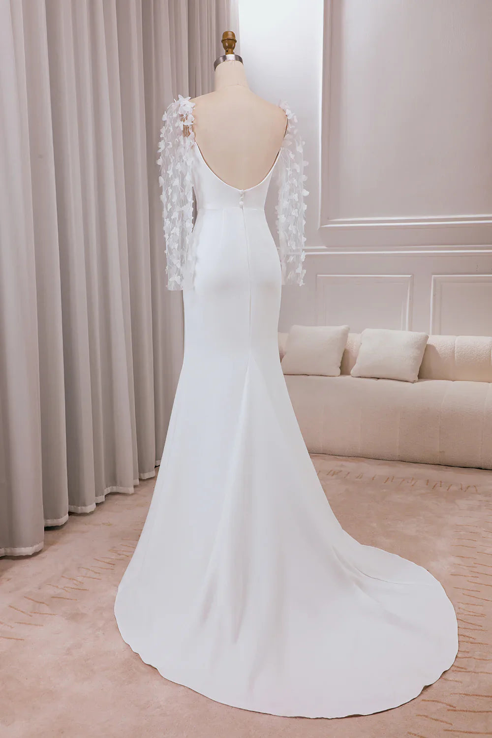 DingJiDress Ivory Trumpet Sweep Train Long Sleeves Bridal Dress with 3D Appliques