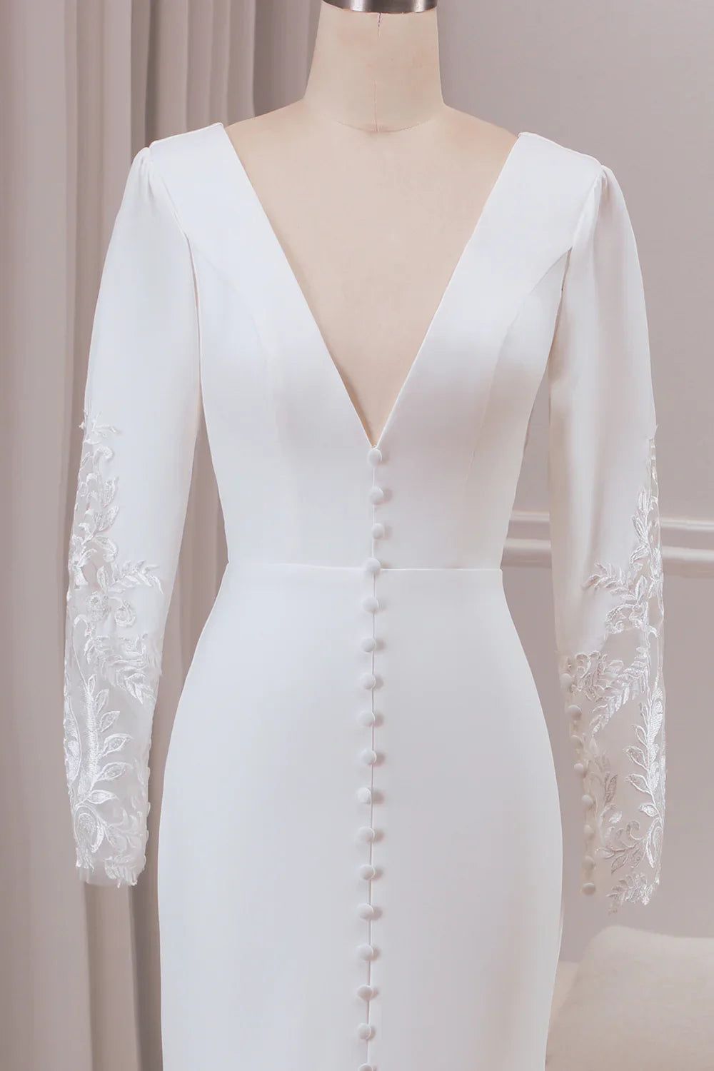 DingJiDress Ivory Deep V-neck Long Sleeves Crepe and Lace Mermaid Bridal Dress