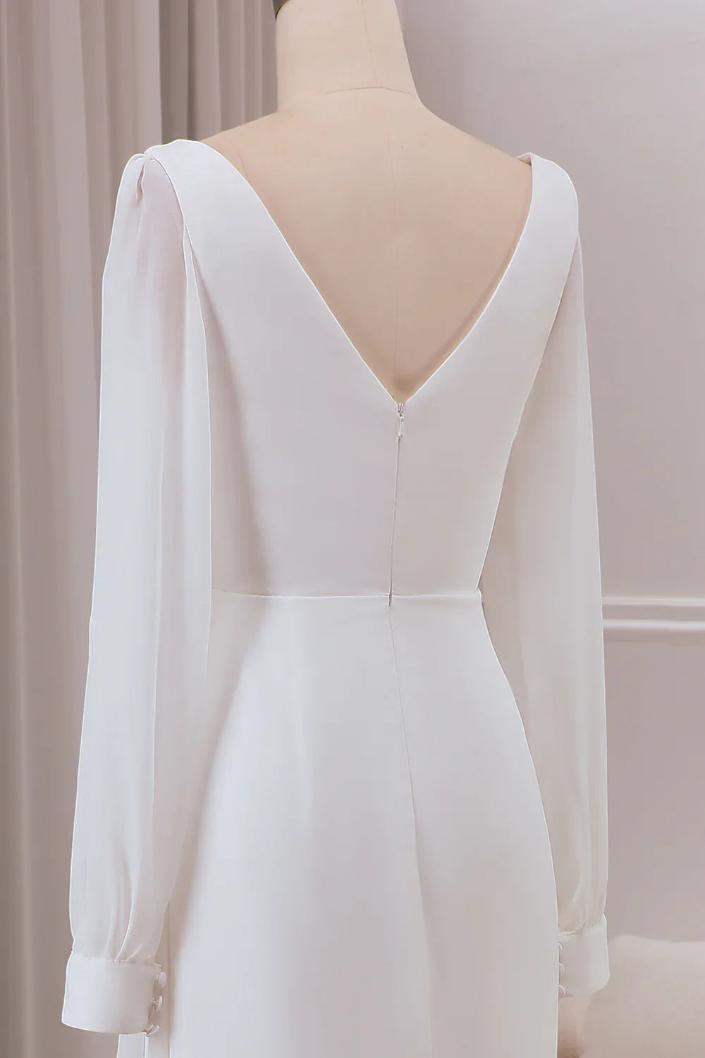 DingJiDress Ivory V-neck Long Sleeves A-line Chiffon Bridal Dress