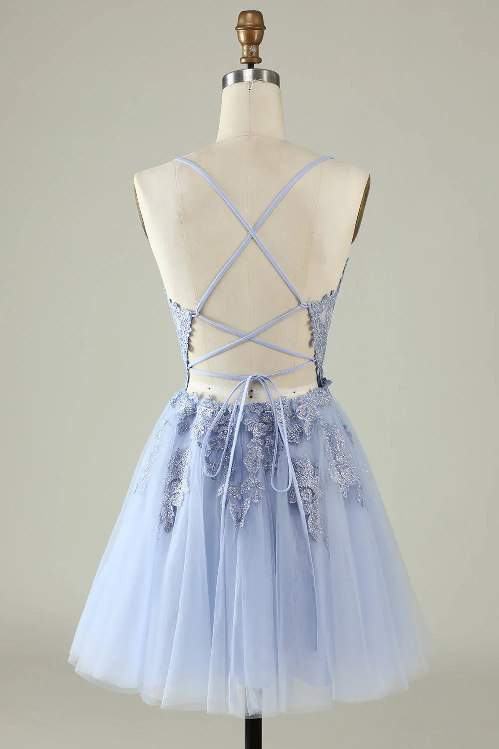 DingJiDress A Line Spaghetti Straps Light Purple Short Homecoming Dress with Appliques