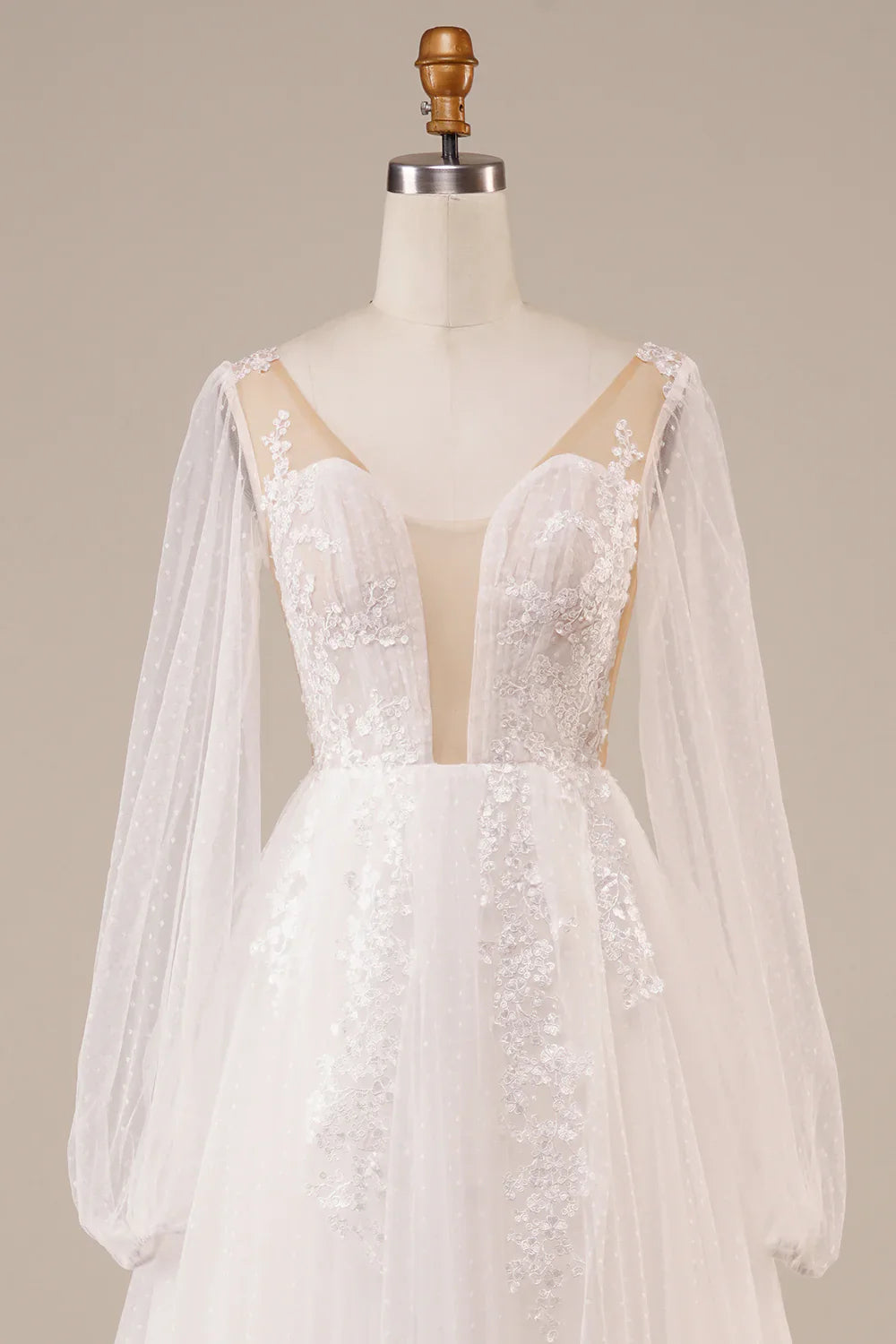 DingJiDress Long Sleeves Open Back Ivory Wedding Dress with Appliques