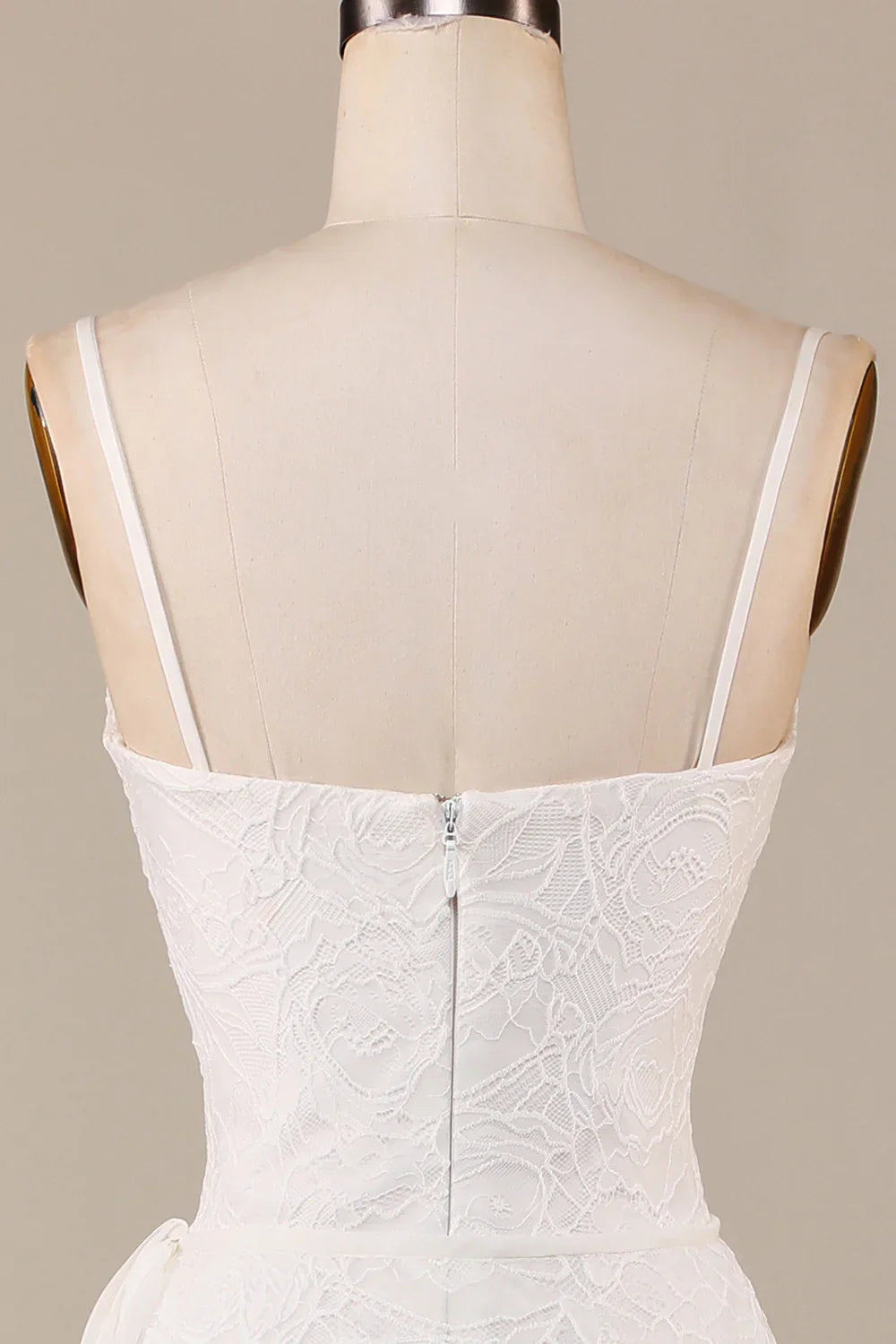DingJiDress Sheath Spaghetti Straps Ivory Lace Asymmetrical Detachable Train Boho Wedding Dress
