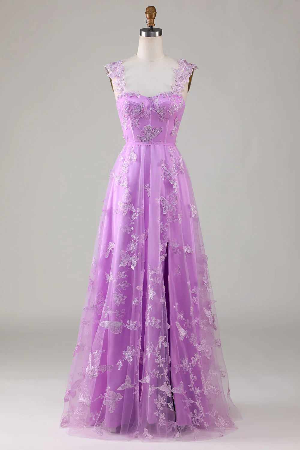 DingJiDress Purple A Line Wedding Guest Dresses Square Neck Corset Long Prom Dress with 3D Butterflies