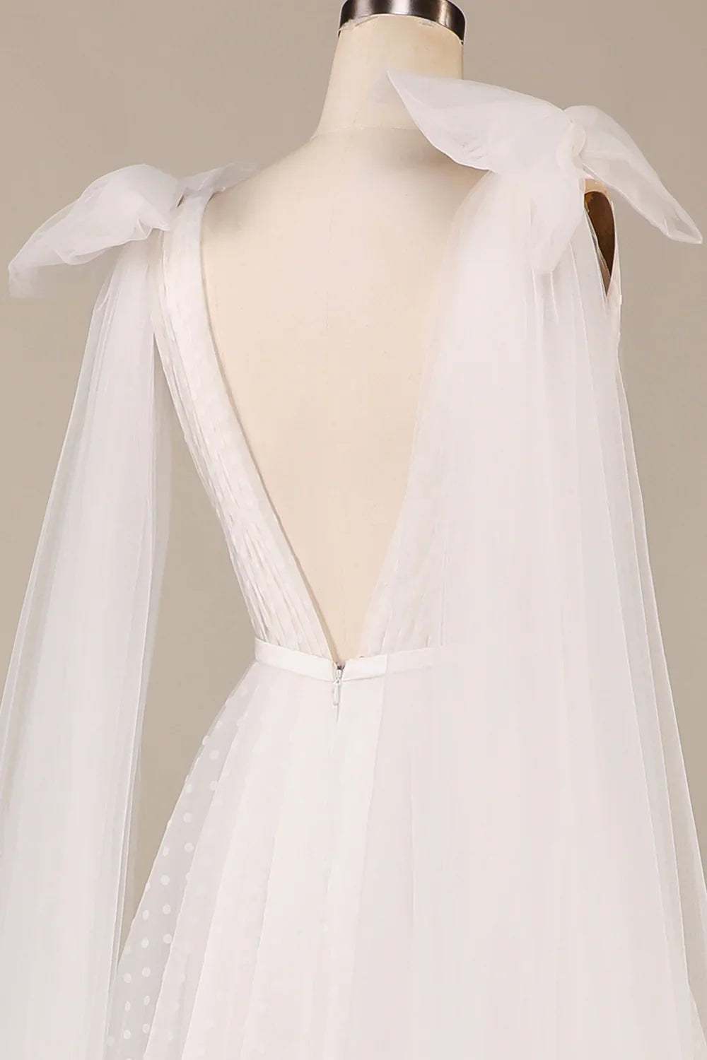 DingJiDress Elegant A Line V Neck Ivory Detachable Watteau Train Tulle Wedding Dress