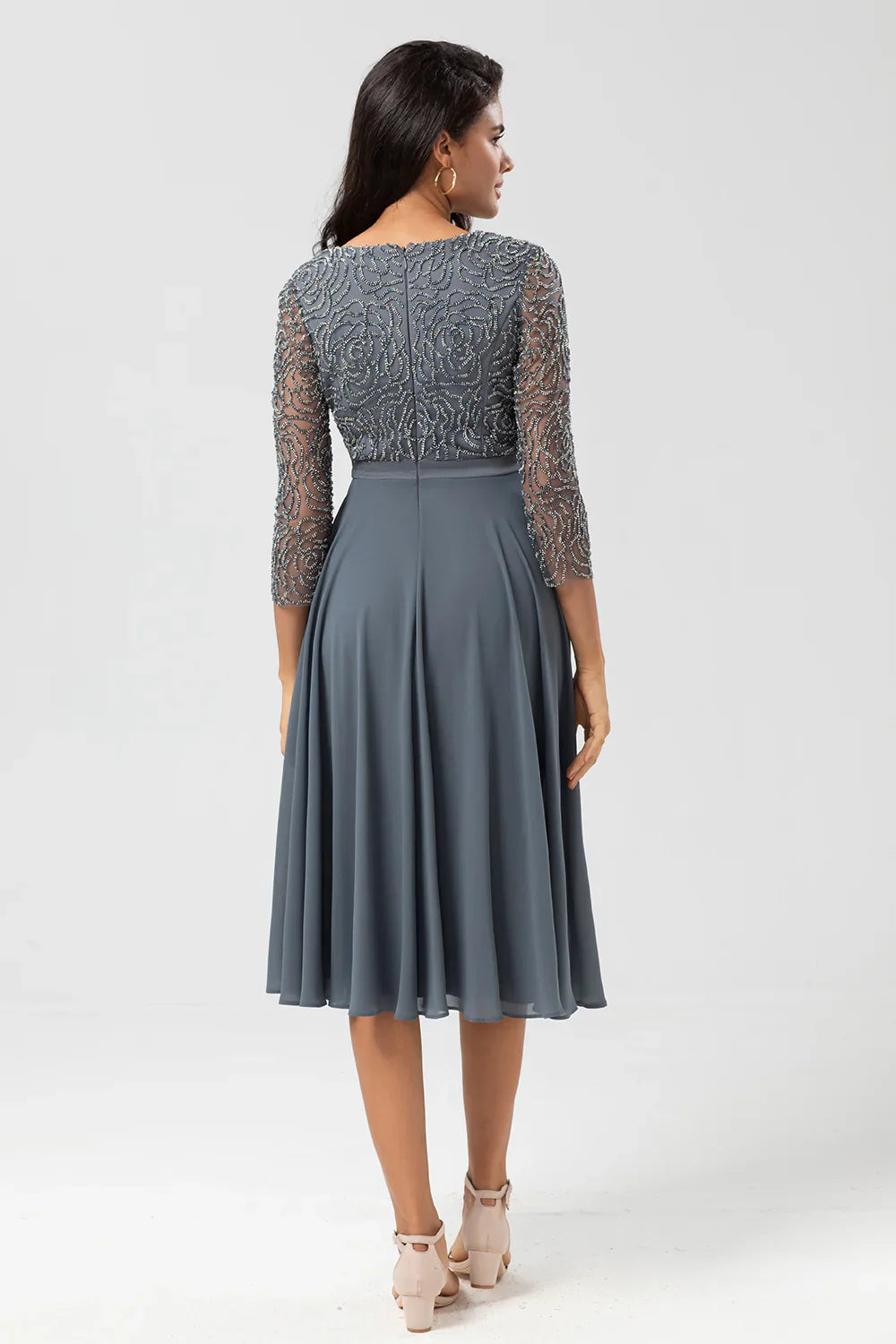 Wholesale Elegant A Line V-Neck Beaded Long Sleeves Embroidered Chiffon Mother of the Bride Dresses