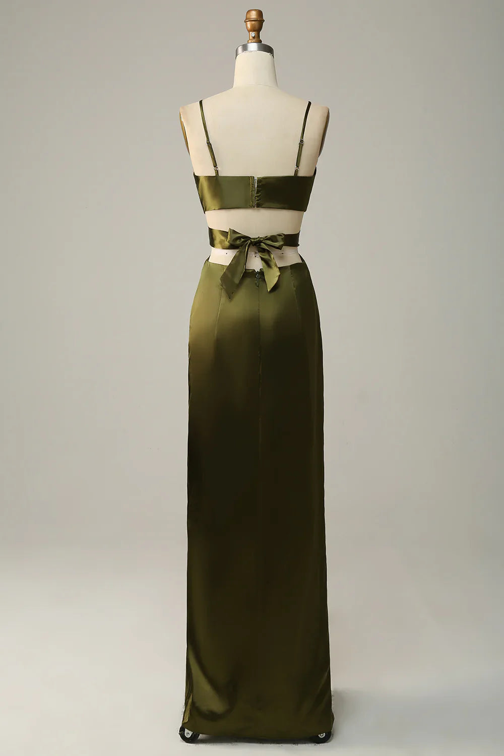 DingJiDress Olive Wedding Guest Dresses Sheath Spaghetti Straps Cut Out Satin Bridesmaid Dress