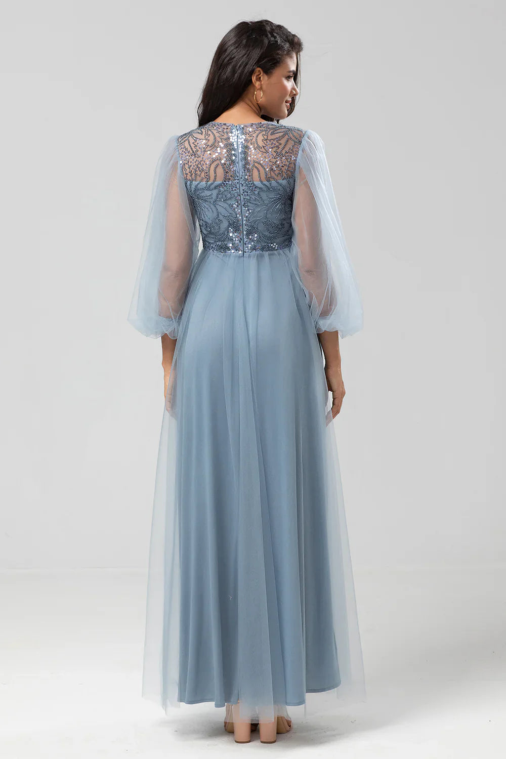 A-Line Evening Dress Tulle Beaded Dusty Blue Bridesmaid Dress With Long Sleeves