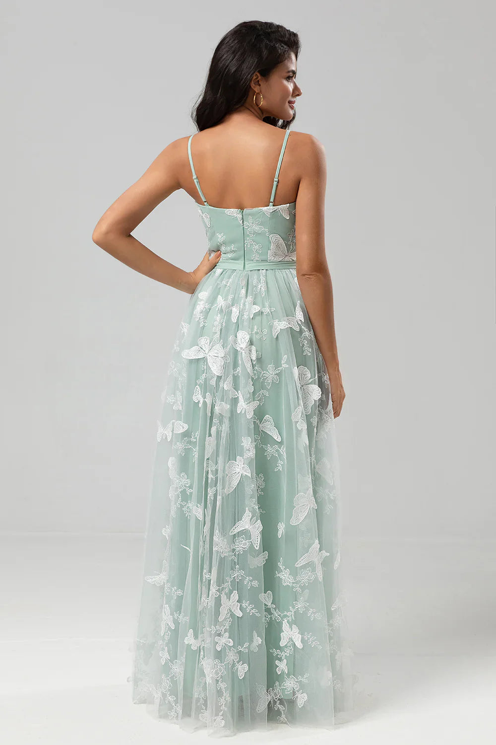 DingJiDress Elegant Matcha A Line Prom Dresses Spaghetti Straps Matcha Long Prom Dresses with 3D Butterfly Embroidery