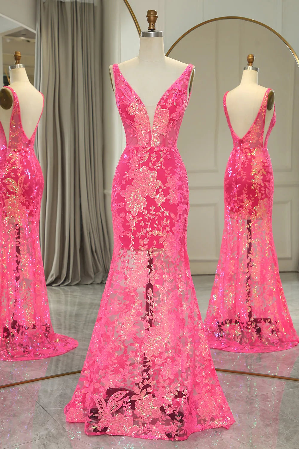 DingJiDress Sparkly Fuchsia Mermaid V Neck Long Prom Dress With Sequined Appliques