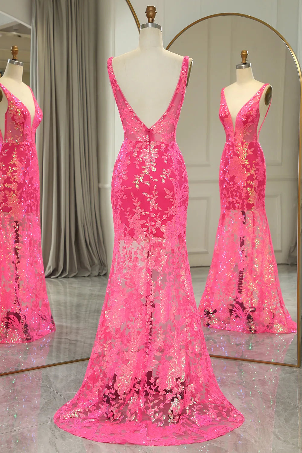DingJiDress Sparkly Fuchsia Mermaid V Neck Long Prom Dress With Sequined Appliques