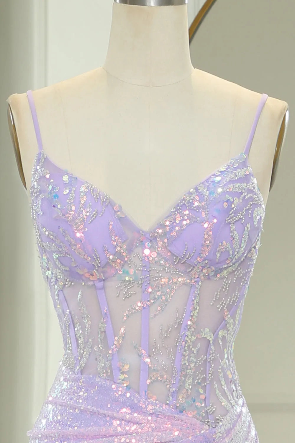 DingJiDress Glitter Light Purple Mermaid Backless Long Corset Prom Dress With Slit