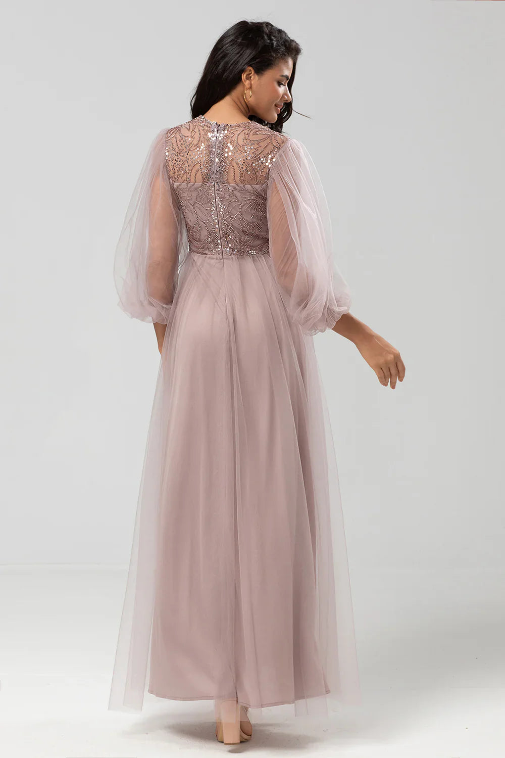 DingJiDress Elegant A-Line Prom Dresses Round Neck Tulle Beaded Bridesmaid Dress With Long Sleeves