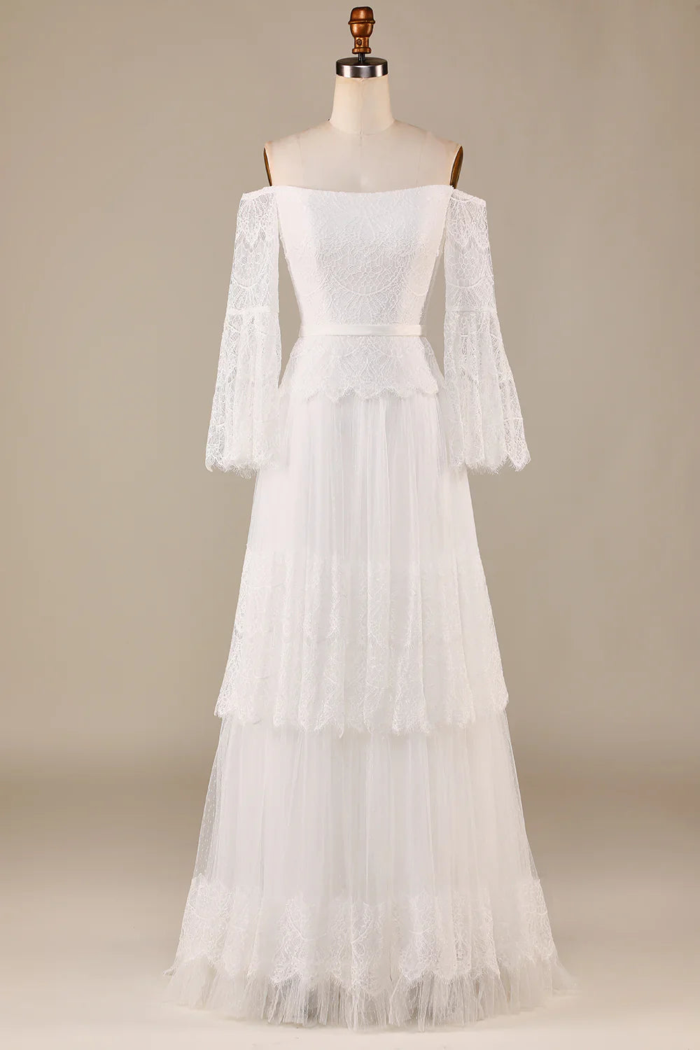 DingJiDress A Line Off the Shoulder Ivory Sweep Train Flare Sleeves Wedding Dress