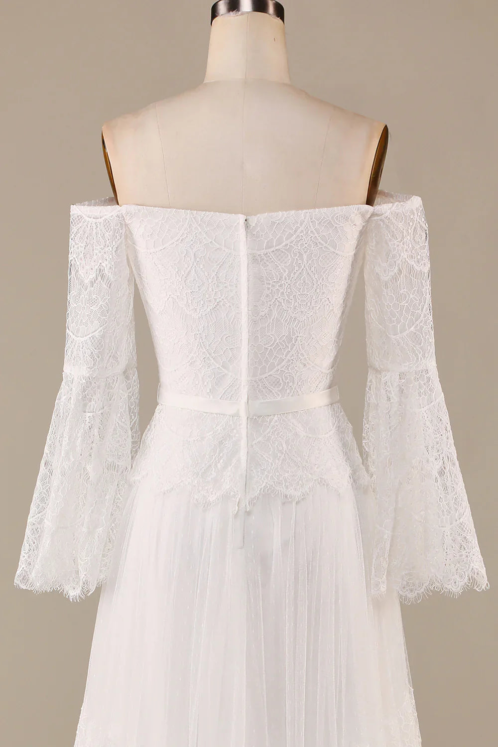 DingJiDress A Line Off the Shoulder Ivory Sweep Train Flare Sleeves Wedding Dress