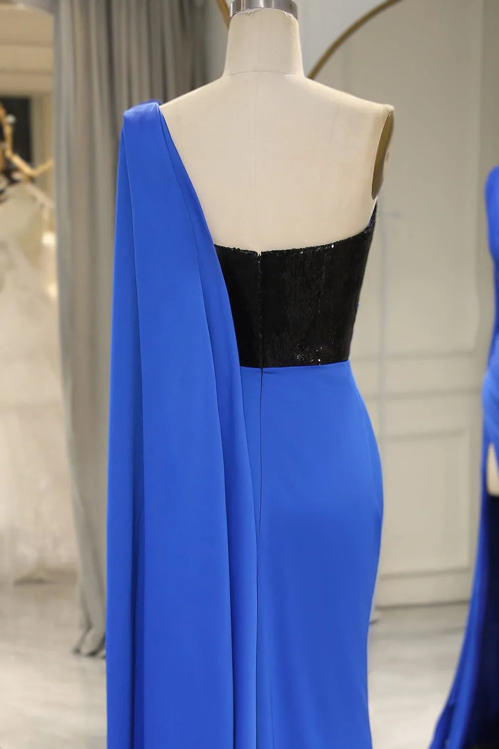 DingJiDress Royal Blue Mermaid One Shoulder Long Prom Dress With Shawl And Slit