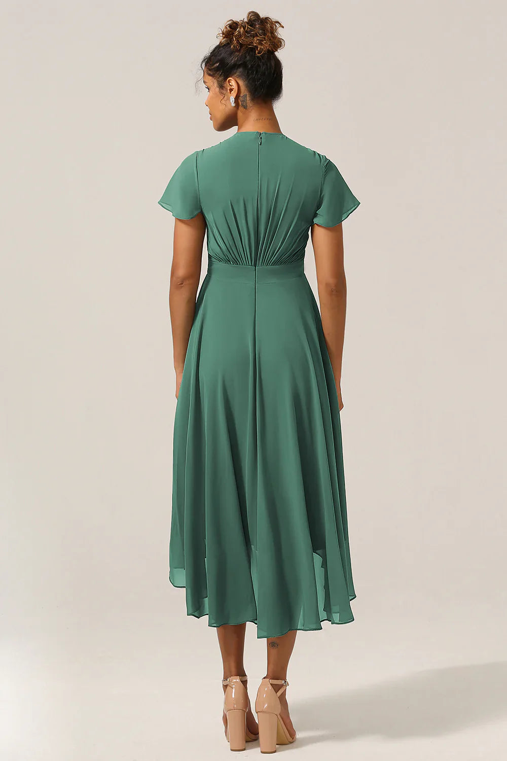 DingJiDress A Line Bridesmaid Dress V-Neck Short Sleeves Eucalyptus With Bow