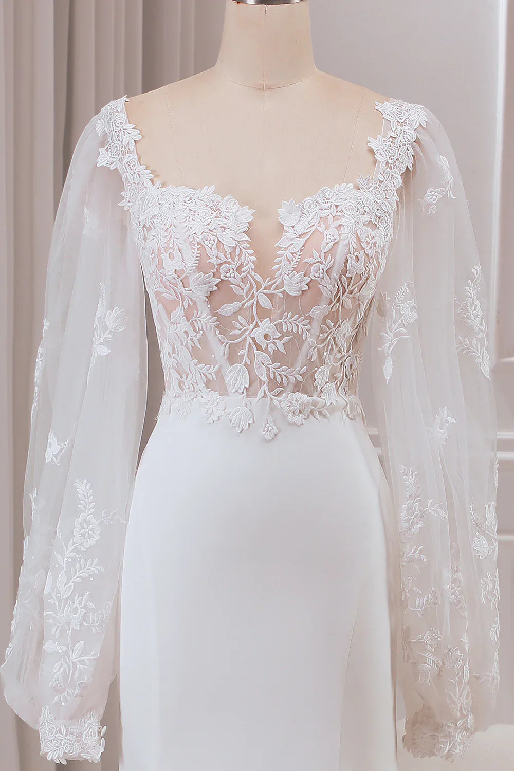 DingJiDress Ivory Lace Sweetheart Neck Long Sleeves Mermaid Wedding Dress with Sweep Train