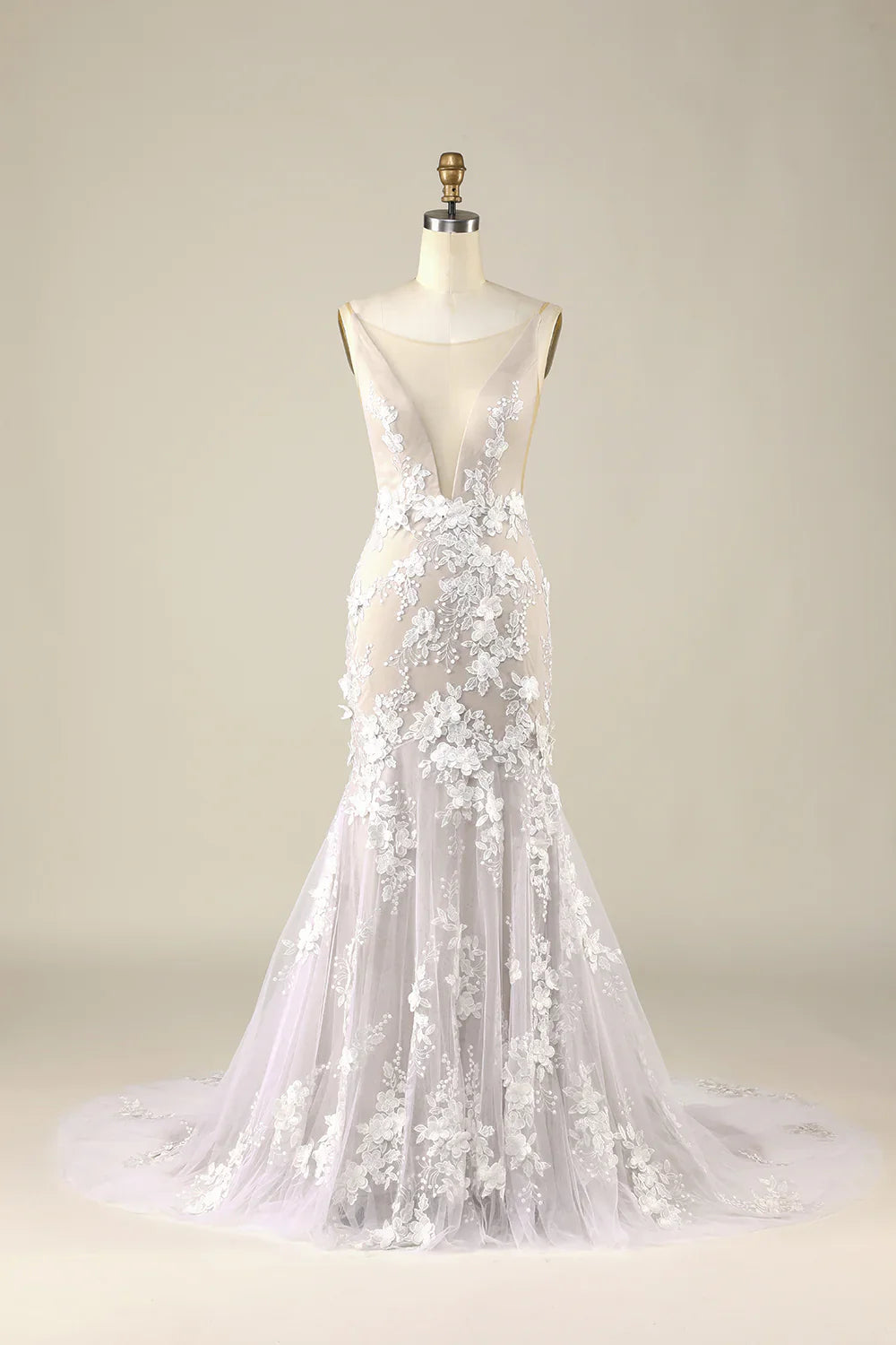 DingJiDress Ivory Mermaid Illusion Boat Neck Lace Wedding Dress