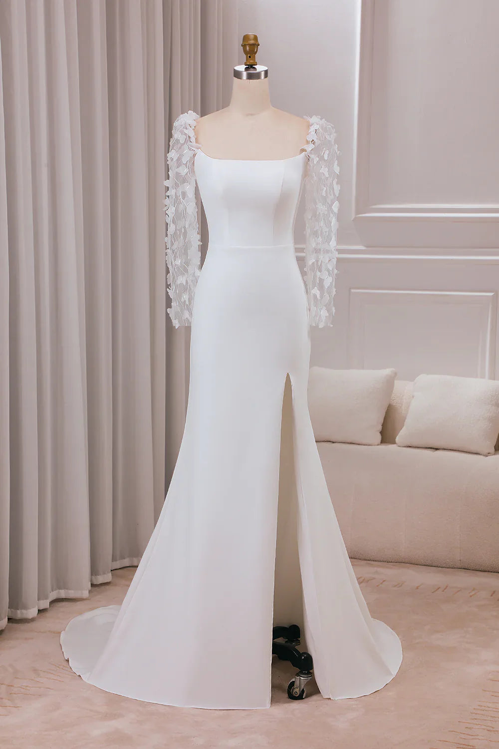 DingJiDress Ivory Trumpet Sweep Train Long Sleeves Bridal Dress with 3D Appliques