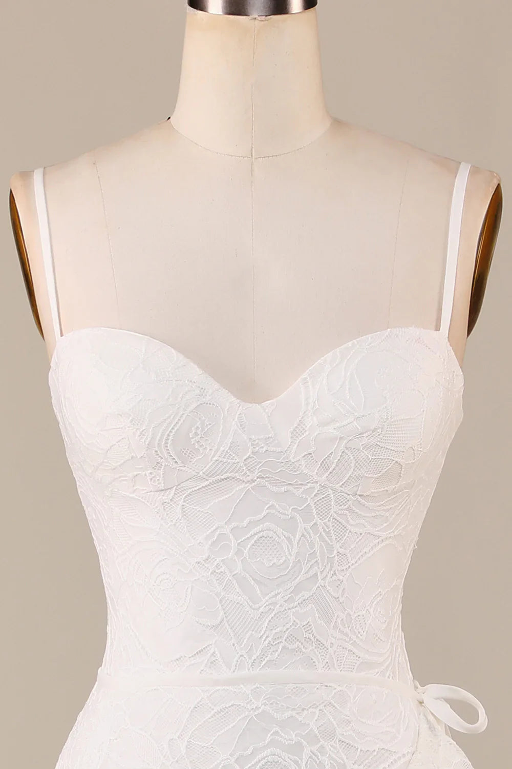 DingJiDress Sheath Spaghetti Straps Ivory Lace Asymmetrical Detachable Train Boho Wedding Dress