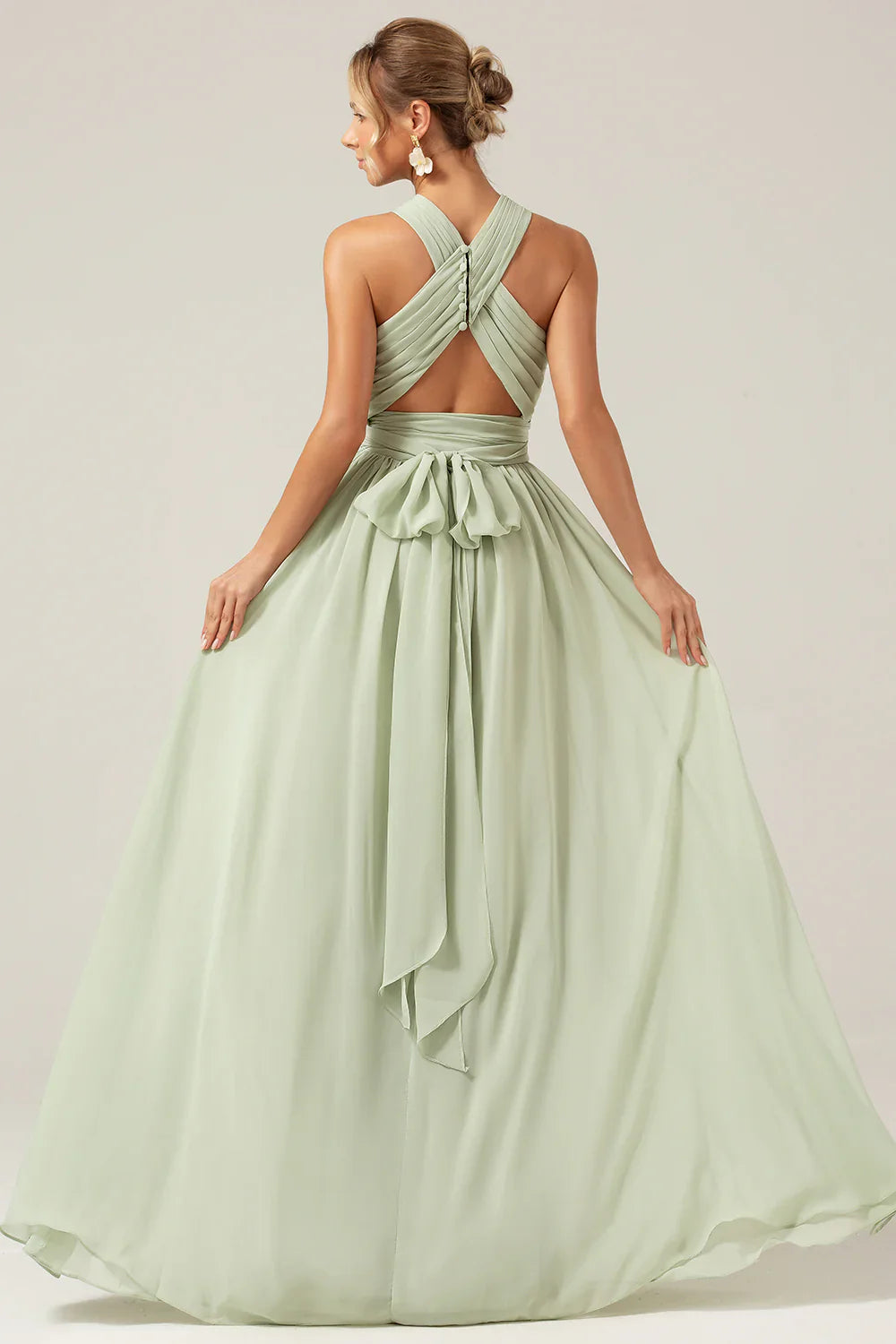 DingJiDress Elegant A Line Halter Pleated Long Maternity Bridesmaid Dress Dusty Sage